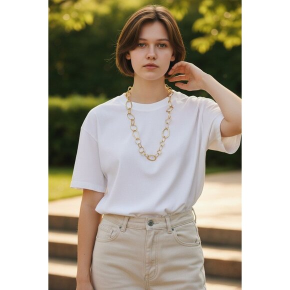 Jewelry - Gold-Tone Textured Oval & Geometric Link Long Necklace 15"